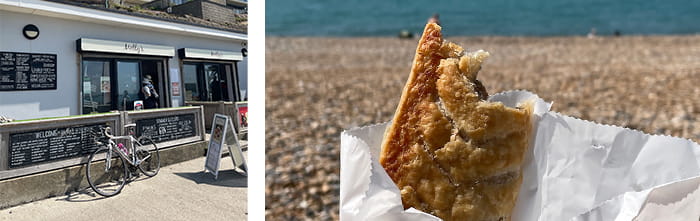 View of the front of a cafe, and a close-up of a sausage roll