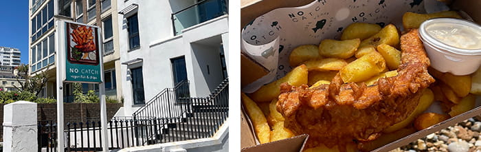 View of the front of a cafe, and a close-up of fish and chips