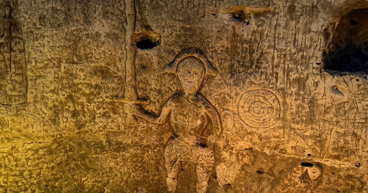 Royston Cave interior showing medieval wall carvings