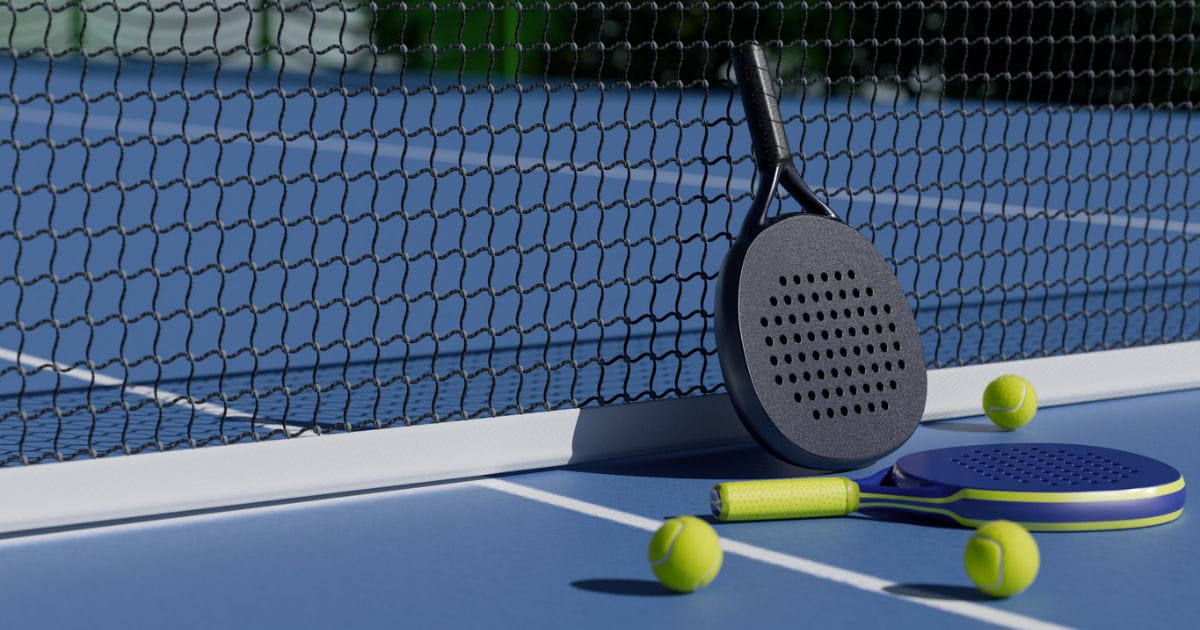 A padel racket and balls on an outdoor padel court
